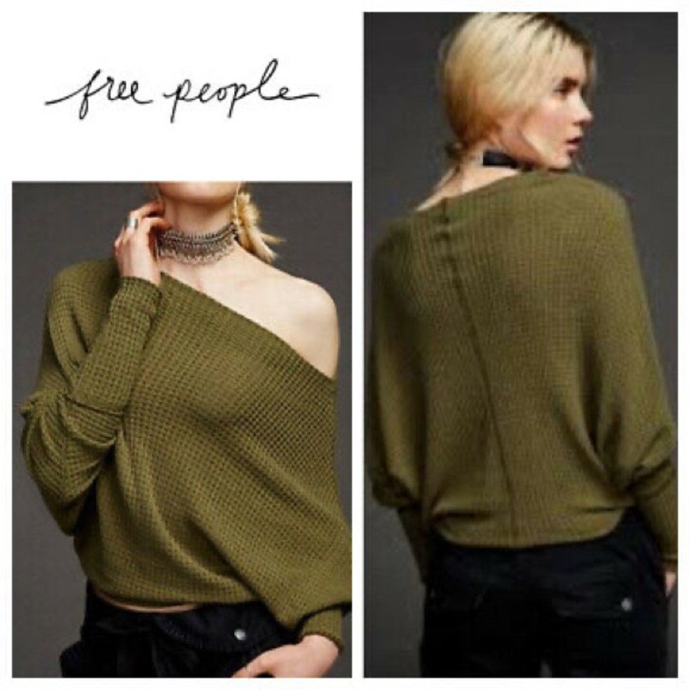 Free People Olive Green Off-Shoulder Knit Top